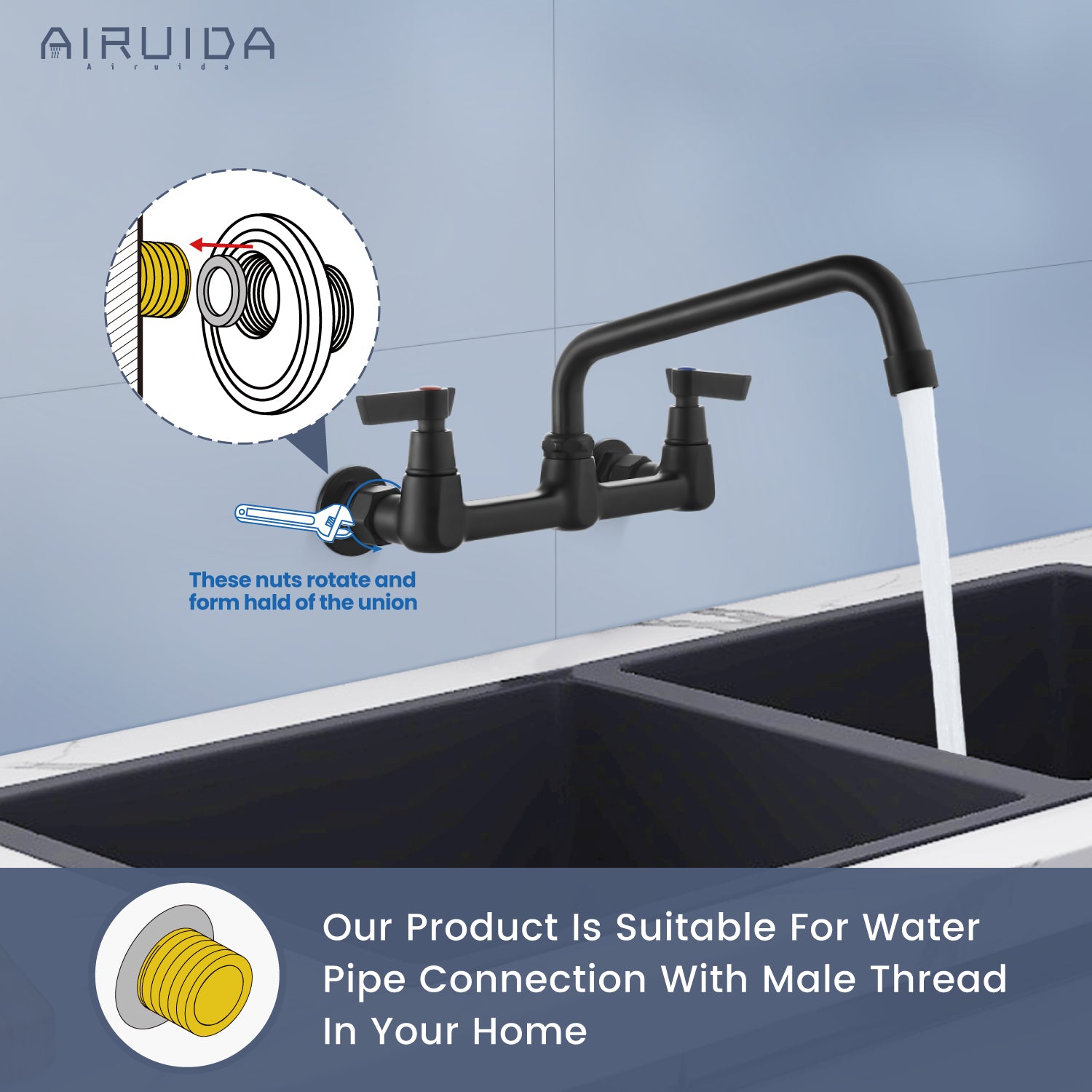 Airuida Wall Mount Kitchen Sink Faucet Commercial Sink Faucet 8 Inch Center Kitchen Mixer Commercial Tap for Laundry Room with 2 Hole Double Handles 360 Rotatable