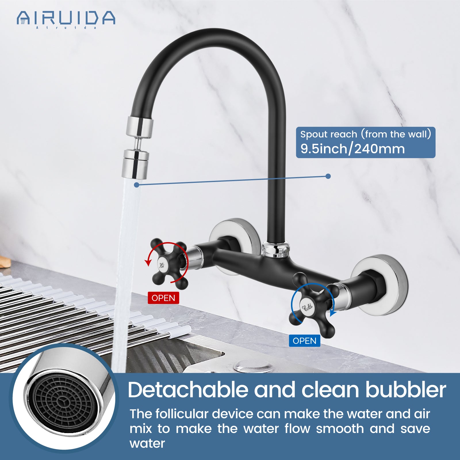Airuida Matte Black & Polished Chrome Wall Mount Faucet with Sprayer Commercial Kitchen Faucet 8 Inch Center Utility Sink Faucet 360 Degree Swivel Spout Restaurant Sinks Laundry Room Faucet