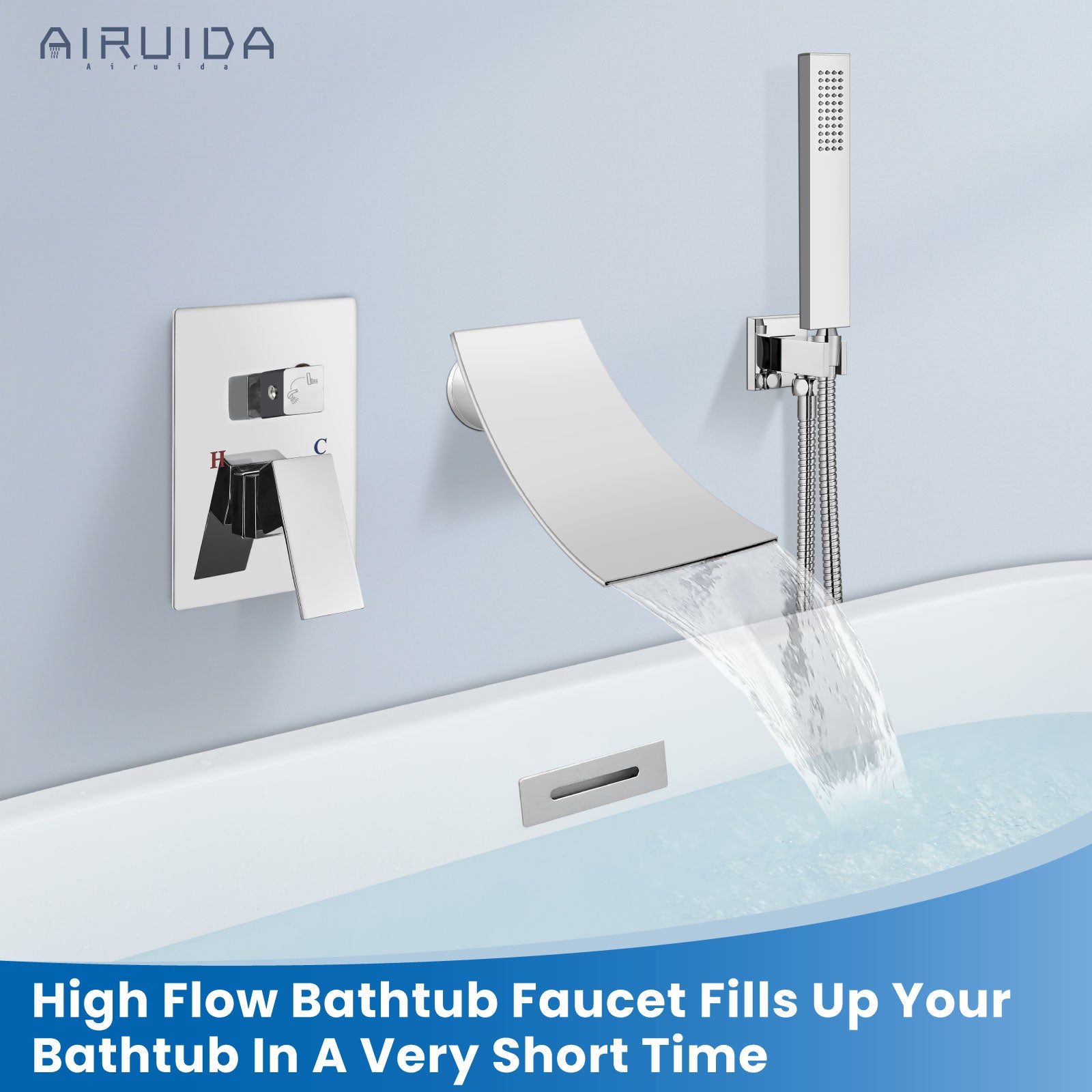 Airuida Wall Mount Tub Faucet with Waterfall Tub Spout Wall Mounted Bathtub Faucet with Handheld Shower Single Handle Tub Filler Shower Faucet Set with Rough-in valve Curved Spout Chrome Polish