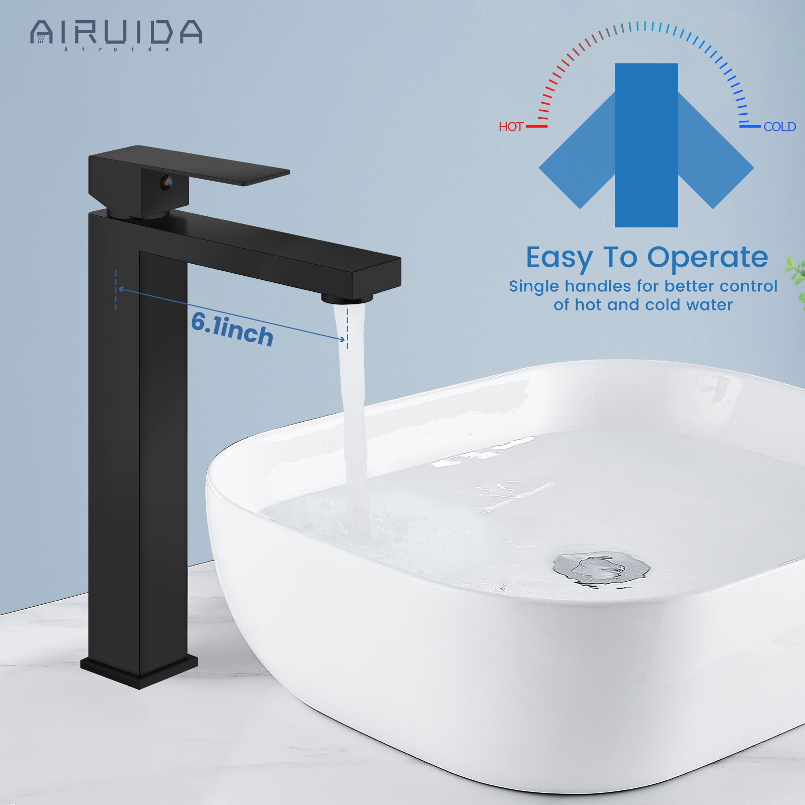 Airuida Single Handle Vessel Sink Faucet,Tall Bathroom Sinks Faucet,1 Hole Lavatory Modern Faucet for Bowl Sink,Vanity Mixer Bar Tap with Water Supply Hoses Deck Mount Square Spout