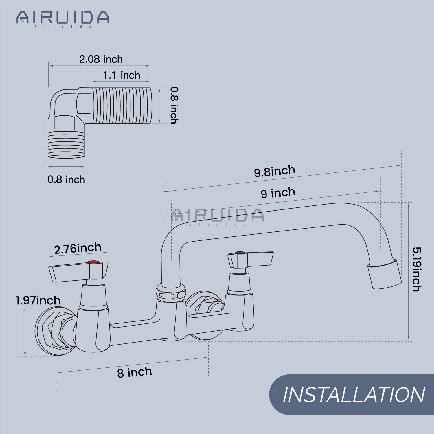 Airuida Wall Mount Kitchen Sink Faucet Commercial Sink Faucet 8 Inch Center Kitchen Mixer Commercial Tap for Laundry Room with 2 Hole Double Handles 360 Rotatable